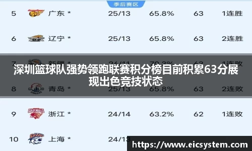 深圳篮球队强势领跑联赛积分榜目前积累63分展现出色竞技状态
